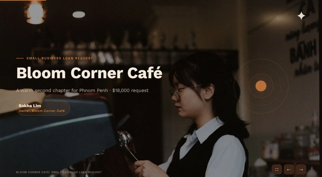 First slide: Bloom Corner Café: small-business loan request