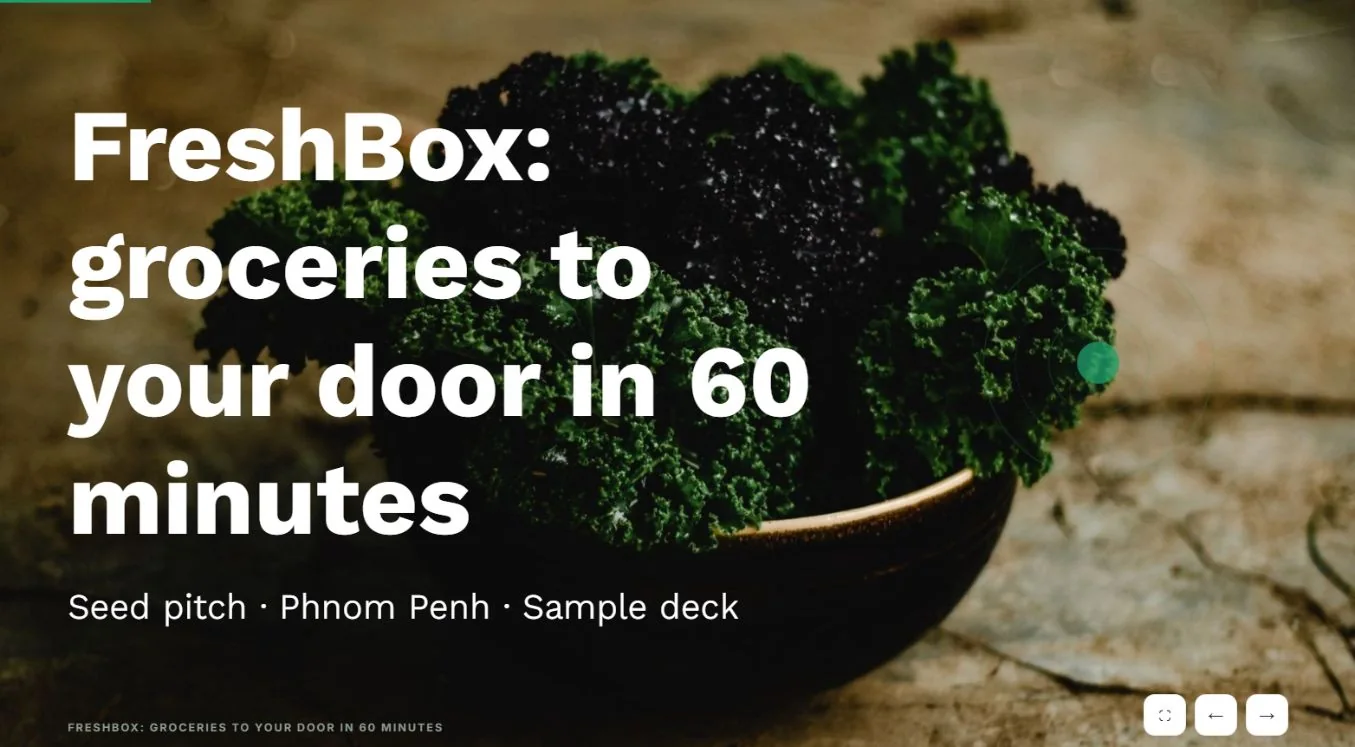 First slide: FreshBox: groceries to your door in 60 minutes